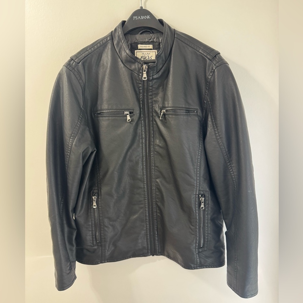 Jos.A.Bank Men’s Black Faux Leather Moto Jacket, XL, New Without Tags